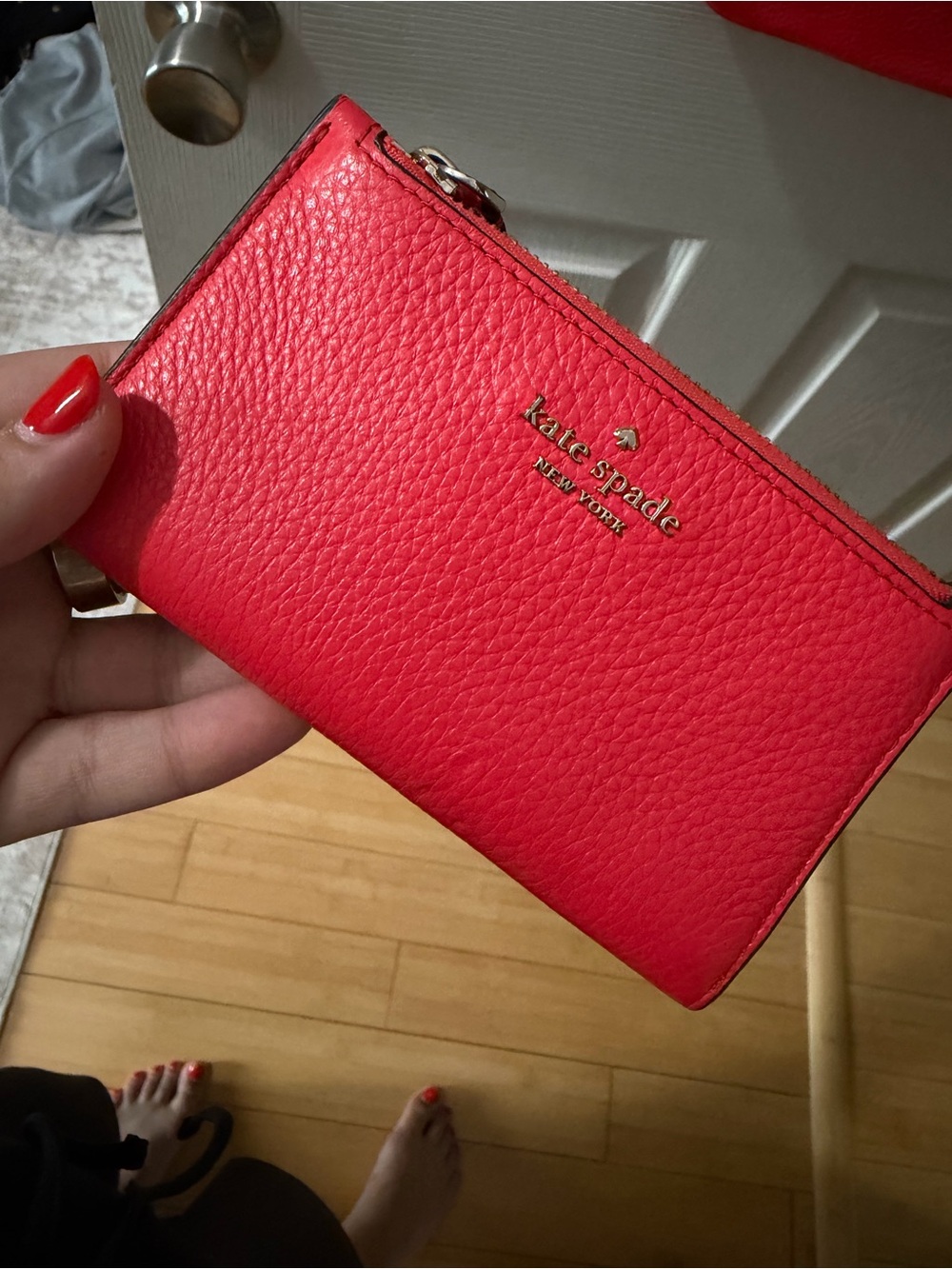 kate spade Coral Red Pebbled Leather Zip Card Case